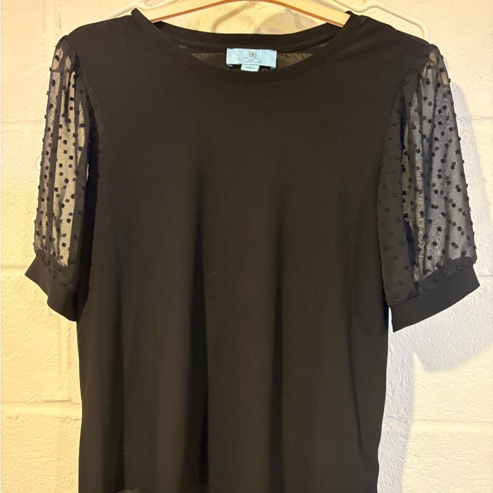 Cece Large Black Top with Sheer Polka Dot Sleeves